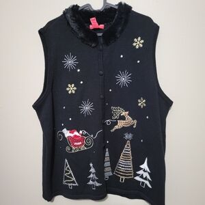Merry & Bright Women's 2X  Christmas Sweater Black Vest Gold Green Red NWT